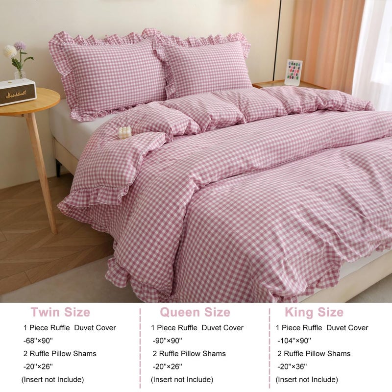 Silnuo Vintage Pink/White Plaid Ruffle 3-Piece Duvet Cover Set Queen Size,Washed Cotton Shabby Gingham Checkered Bedding Set Farmhouse Comforter Set - Image 3